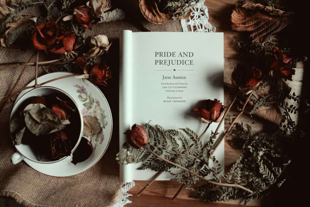 Pride and Prejudice book with flowers