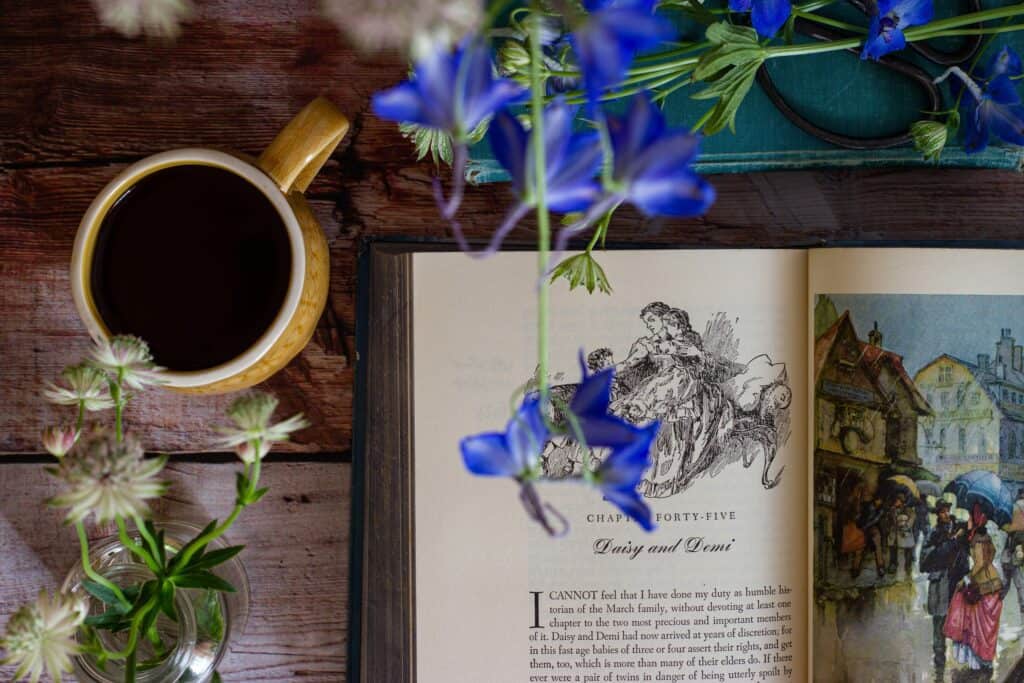 Beautifully illustrated Little Women book with flowers and cup of tea